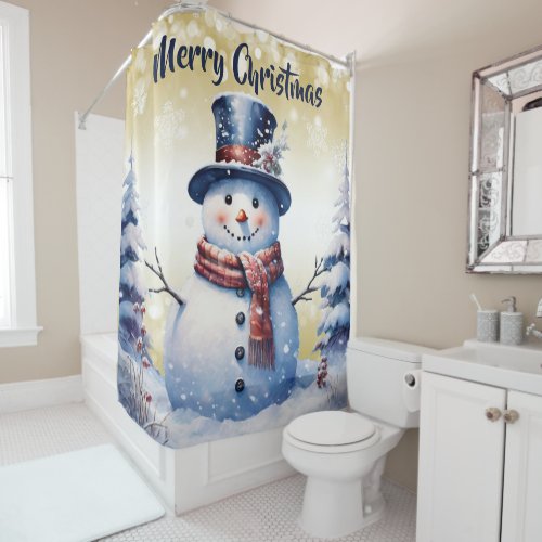 Winter Forest Snowman Christmas  Gold Shower Curtain