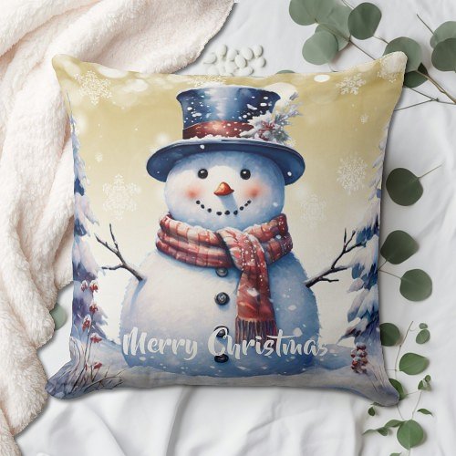 Winter Forest Snowman Christmas  Gold Throw Pillow