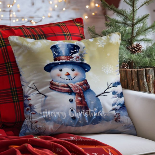 Winter Forest Snowman Christmas | Gold Throw Pillow (Gold Winter Forest Snowman Christmas Throw Pillow)