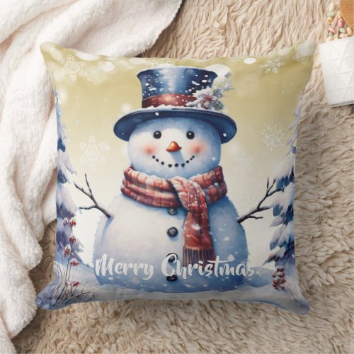 Winter Forest Snowman Christmas  Gold Throw Pillow