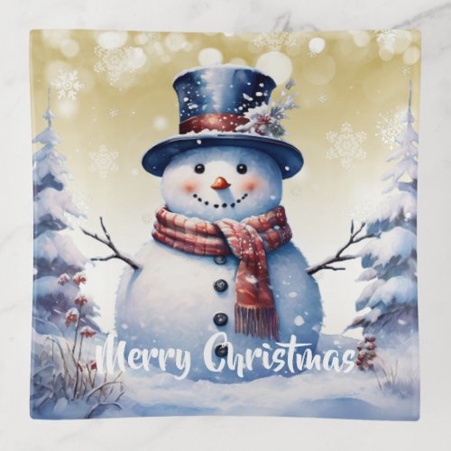 Winter Forest Snowman Christmas  Gold Trinket Tray
