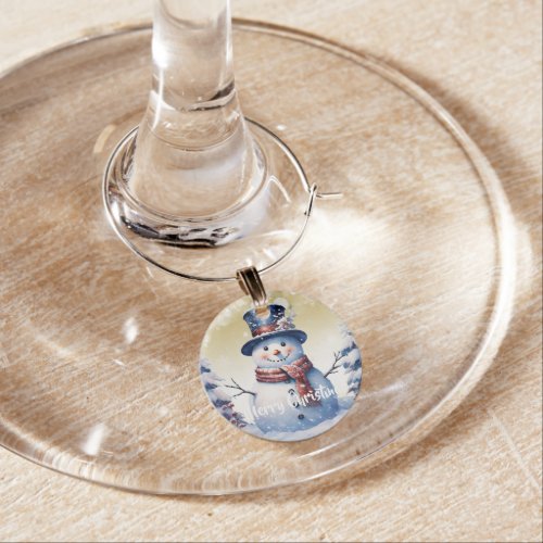 Winter Forest Snowman Christmas  Gold Wine Charm