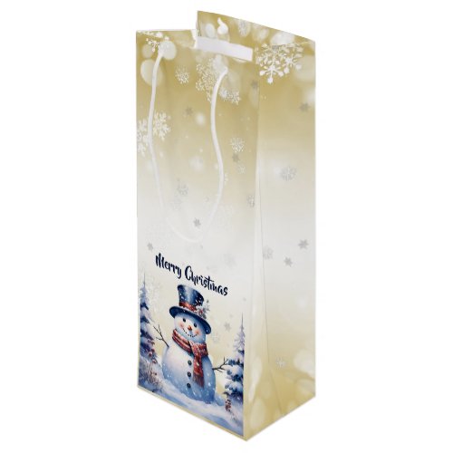 Winter Forest Snowman Christmas  Gold Wine Gift Bag