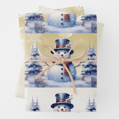 Winter Forest Snowman Christmas  Gold Wrapping Paper Sheets