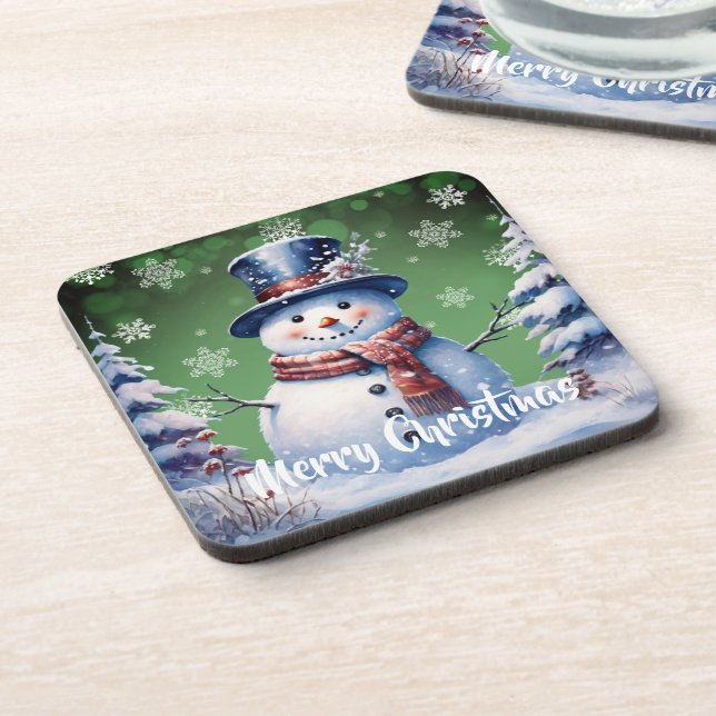Winter Forest Snowman Christmas | Green Beverage Coaster (Left Side)