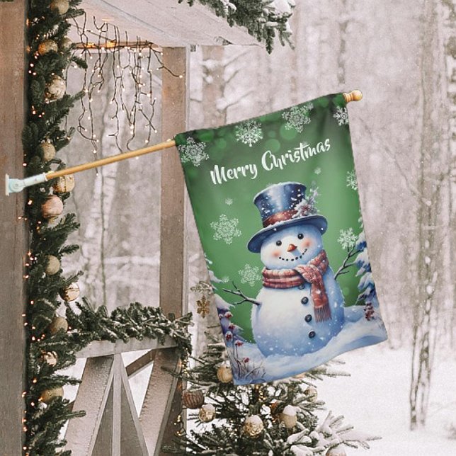 Winter Forest Snowman Christmas | Green House Flag (Green Winter Forest Snowman Christmas House Flag)