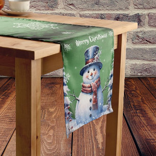 Winter Forest Snowman Christmas Green Medium Table Runner