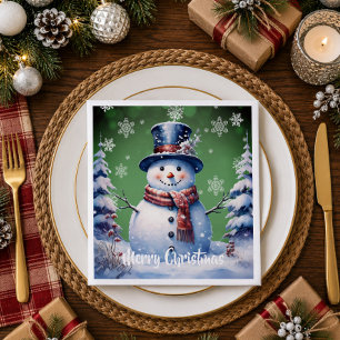Winter Forest Snowman Christmas Green Napkins