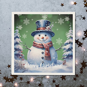 Winter Forest Snowman Christmas Green Napkins