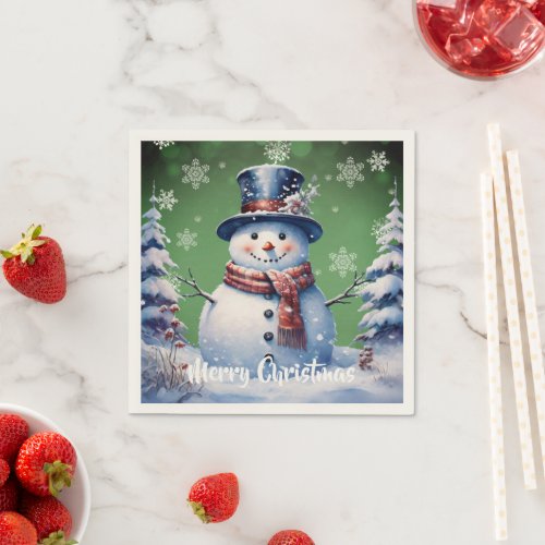 Winter Forest Snowman Christmas  Green Napkins