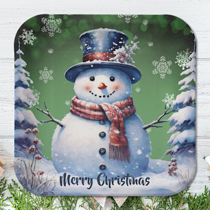 Winter Forest Snowman Christmas Green Paper Plates