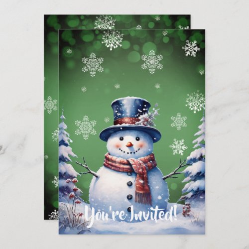 Winter Forest Snowman Christmas   Green Party Invitation