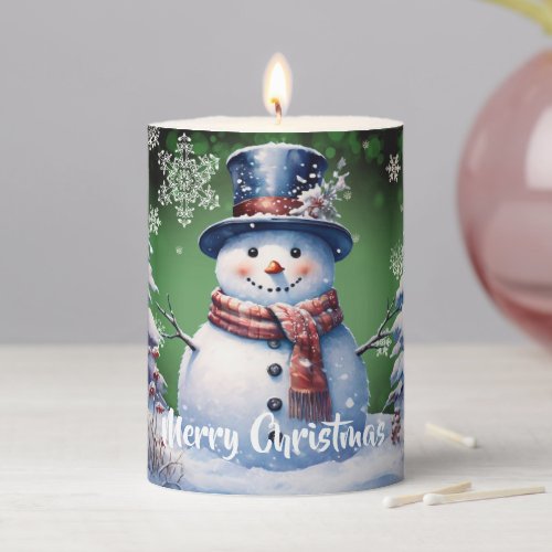 Winter Forest Snowman Christmas  Green Pillar Candle