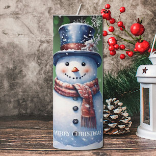 Winter Forest Snowman Christmas Green Pillar Candle
