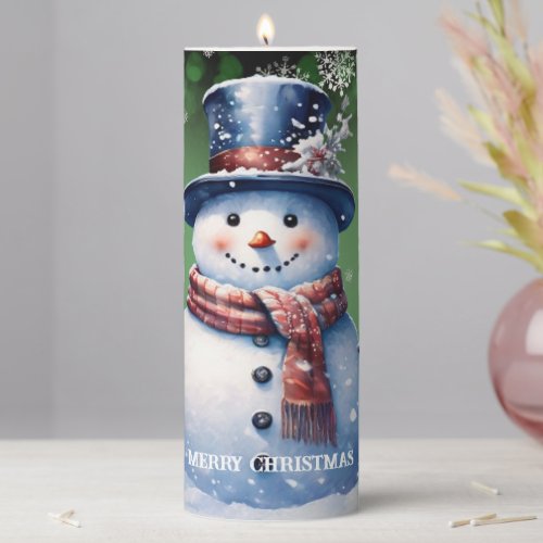 Winter Forest Snowman Christmas  Green Pillar Candle