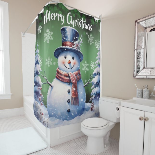 Winter Forest Snowman Christmas | Green Shower Curtain (In Situ)