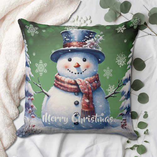 Winter Forest Snowman Christmas  Green Throw Pillow