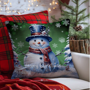 Winter Forest Snowman Christmas Green Throw Pillow