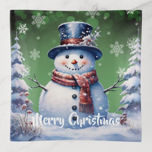 Winter Forest Snowman Christmas  Green Trinket Tray