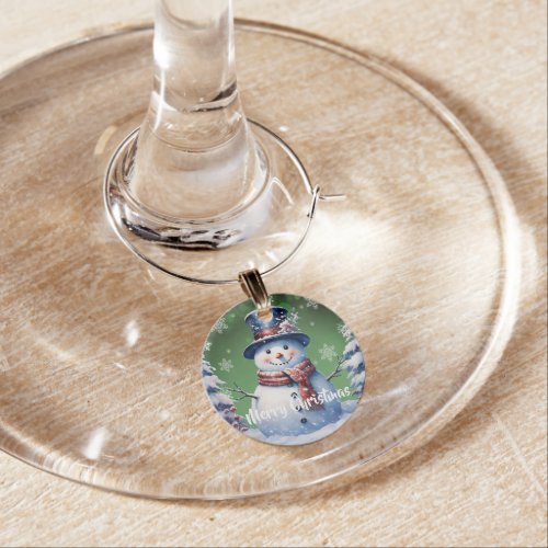 Winter Forest Snowman Christmas  Green Wine Charm