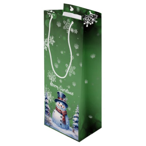 Winter Forest Snowman Christmas  Green Wine Gift Bag