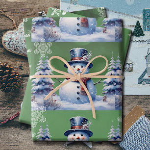 Winter Forest Snowman Christmas Green Wrapping Paper Sheets