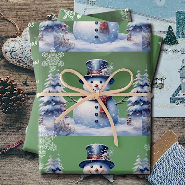Winter Forest Snowman Christmas | Green Wrapping Paper Sheets (Green Winter Forest Snowman Christmas Wrapping Paper Sheets)