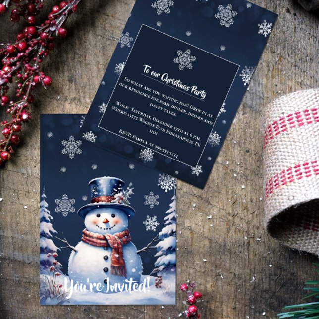 Winter Forest Snowman Christmas Party | Blue Invitation (Winter Forest Snowman Christmas Party Invitation)