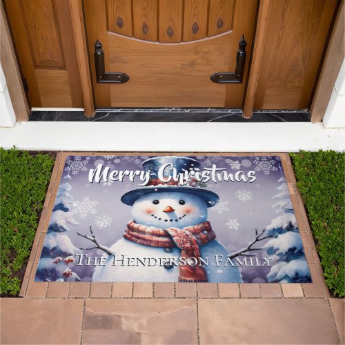 Winter Forest Snowman Christmas Personalize Purple Doormat