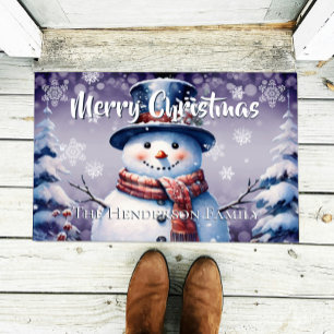 Winter Forest Snowman Christmas Personalize Purple Doormat