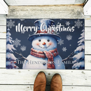 Winter Forest Snowman Christmas Personalized Blue Doormat