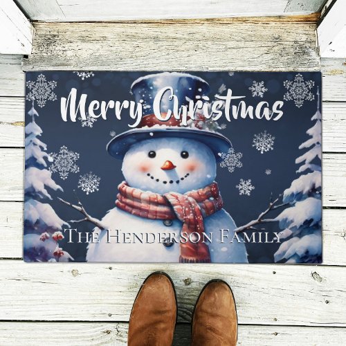 Winter Forest Snowman Christmas Personalized Doormat