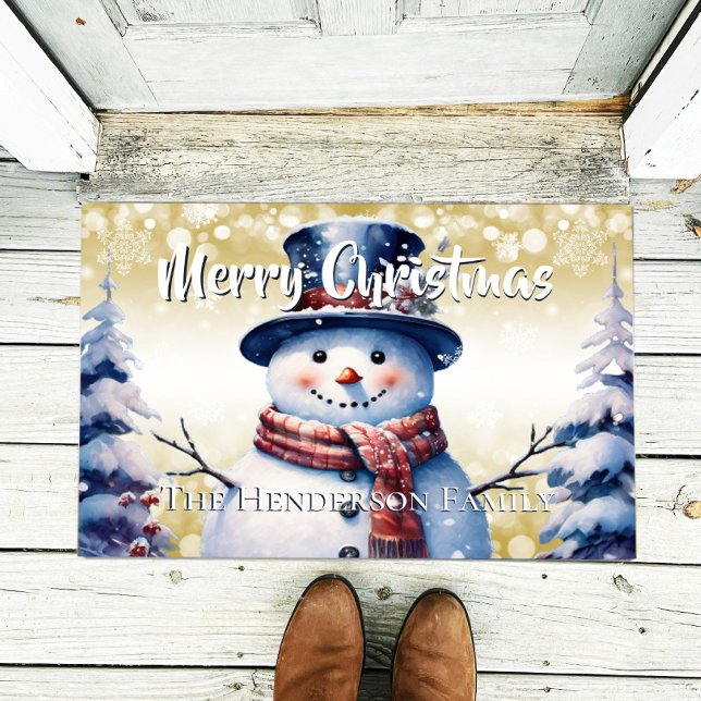 Winter Forest Snowman Christmas Personalized Gold Doormat (Gold Winter Forest Snowman Christmas Personalized Doormat)