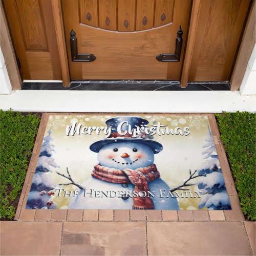 Winter Forest Snowman Christmas Personalized Gold Doormat