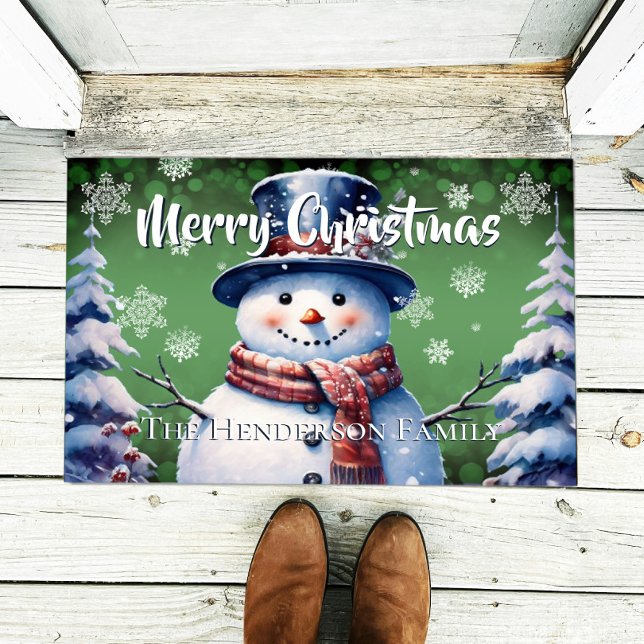 Winter Forest Snowman Christmas Personalized Green Doormat (Green Winter Forest Snowman Christmas Personalized Doormat)