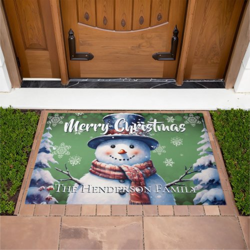 Winter Forest Snowman Christmas Personalized Green Doormat