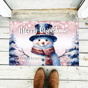 Winter Forest Snowman Christmas Personalized Pink Doormat