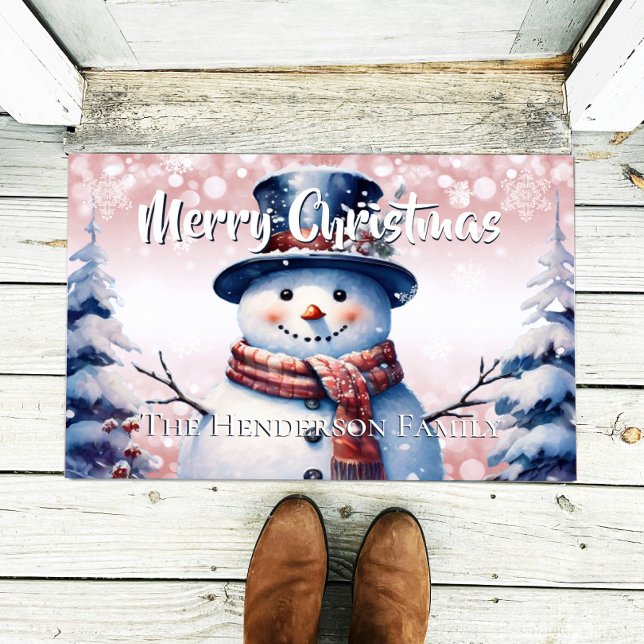 Winter Forest Snowman Christmas Personalized Pink Doormat (Creator Uploaded)
