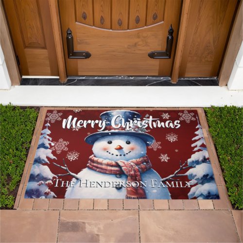 Winter Forest Snowman Christmas Personalized Red Doormat