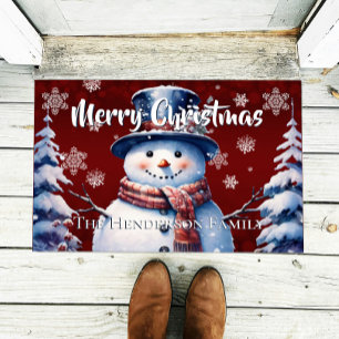 Winter Forest Snowman Christmas Personalized Red Doormat