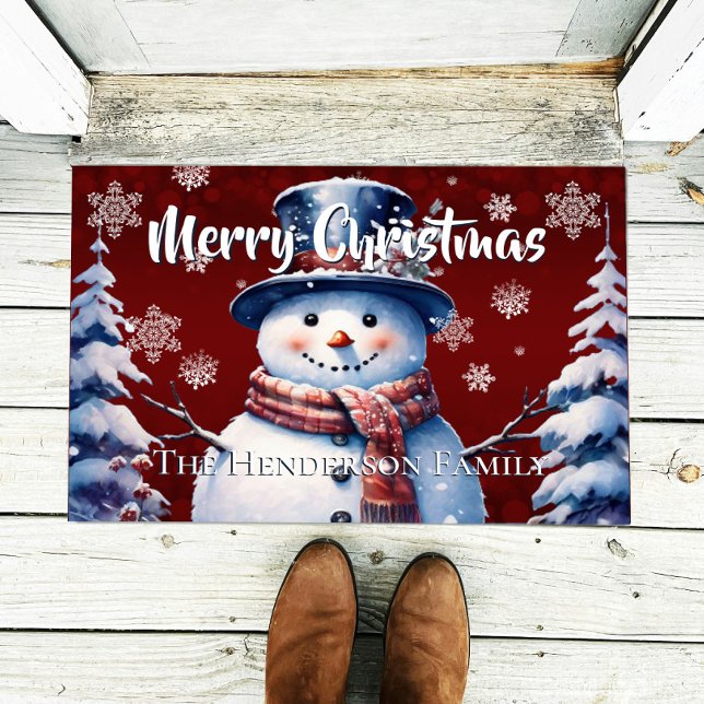Winter Forest Snowman Christmas Personalized Red Doormat (Creator Uploaded)