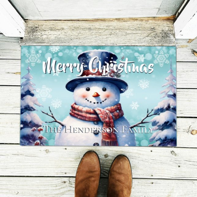 Winter Forest Snowman Christmas Personalized Teal Doormat (Teal Winter Forest Snowman Christmas Personalized Doormat)