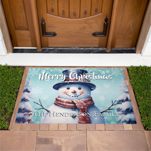 Winter Forest Snowman Christmas Personalized Teal Doormat