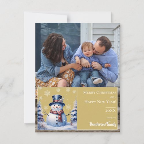 Winter Forest Snowman Christmas Photo  Gold Holiday Card