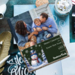 Winter Forest Snowman Christmas Photo | Green Holiday Card<br><div class="desc">Spread holiday cheer to friends and family with this festive Green Winter Forest Snowman Flat Christmas Holiday Photo Card. Photo card design features a cute snowman in a charming top hat and scarf standing in a winter forest scene of snow covered pine trees with falling snow. Additional colors available with...</div>