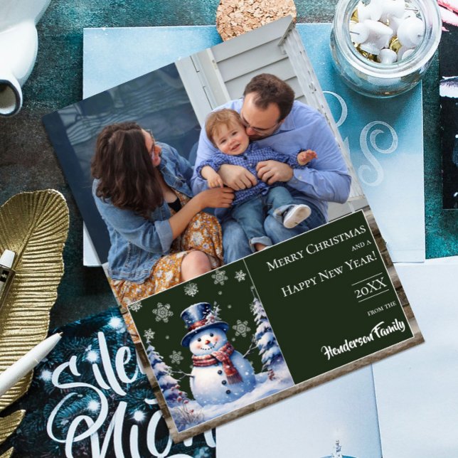 Winter Forest Snowman Christmas Photo | Green Holiday Card (Green Winter Forest Snowman Christmas Photo Holiday Card)