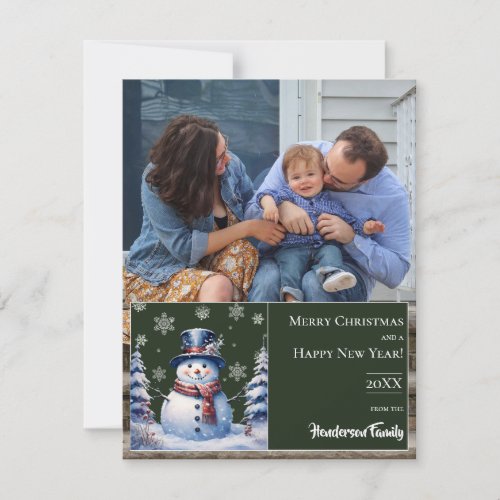 Winter Forest Snowman Christmas Photo  Green Holiday Card