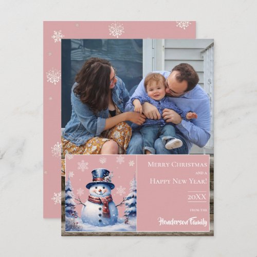 Winter Forest Snowman Christmas Photo  Pink Holiday Card