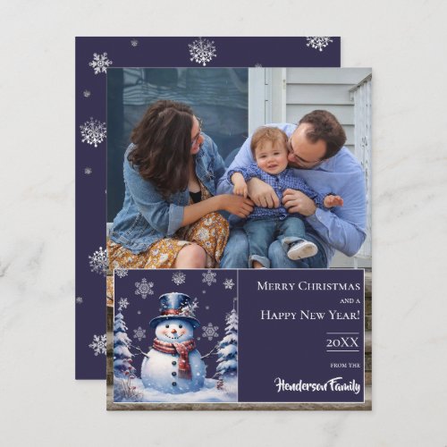 Winter Forest Snowman Christmas Photo  Purple Holiday Card