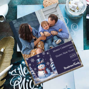 Winter Forest Snowman Christmas Photo Purple Holiday Card